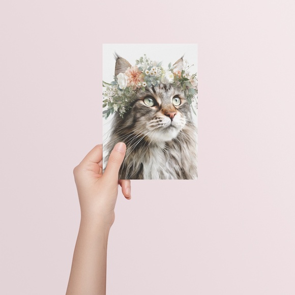 Watercolor Maine Coon Cat with Flower Crown Wall Art Print Unframed - Picture 5 of 6